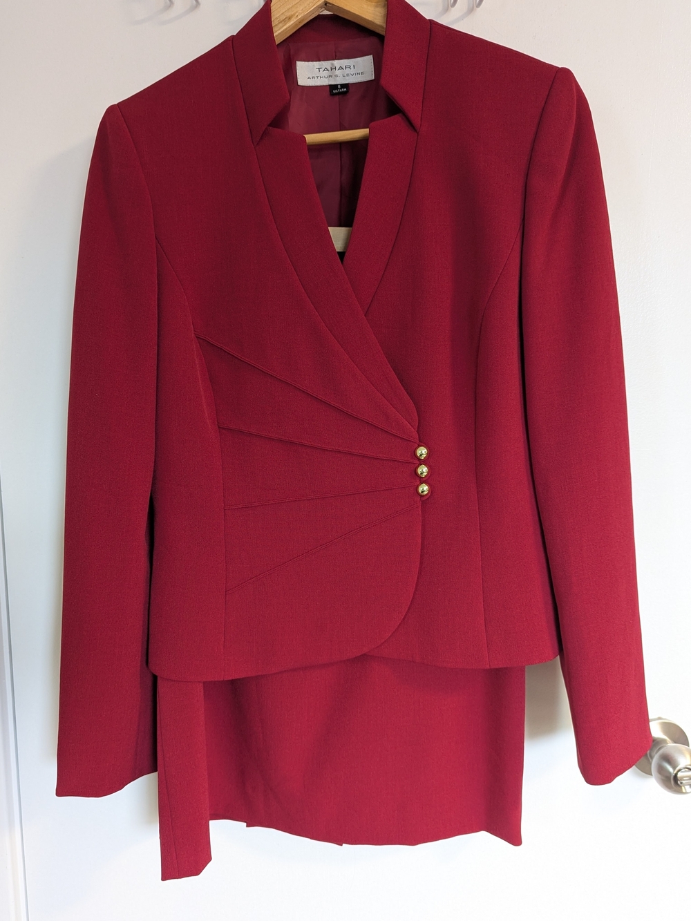Tahari Burgundy Structured Pleated Blazer with Gold Buttons